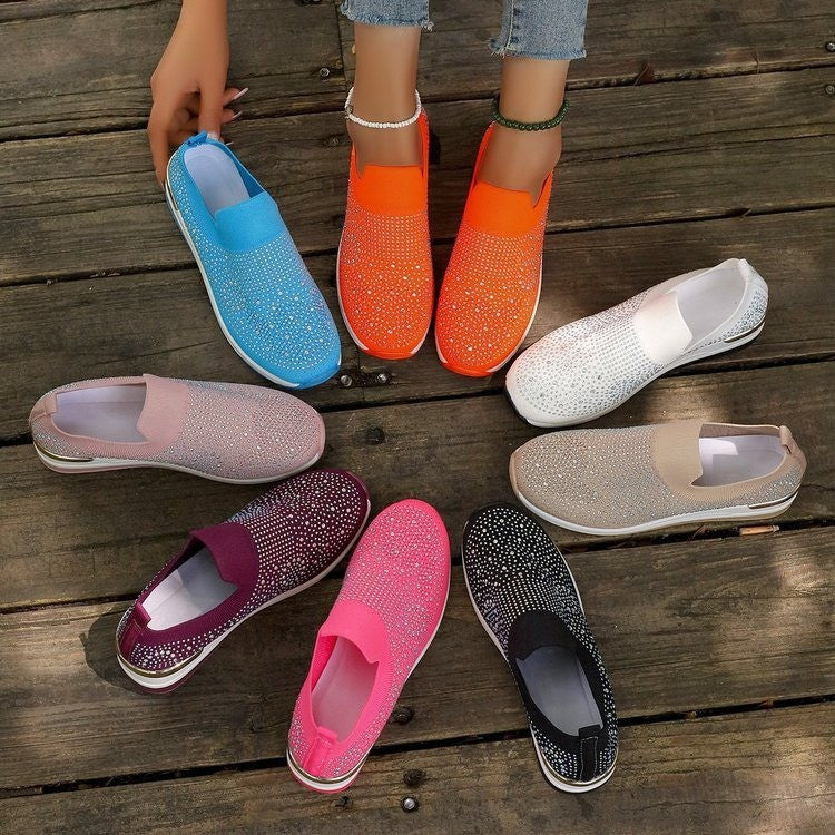 Women's Knit Slip-On Sneakers with Rhinestone Embellishments and Cushioned Platform Sole