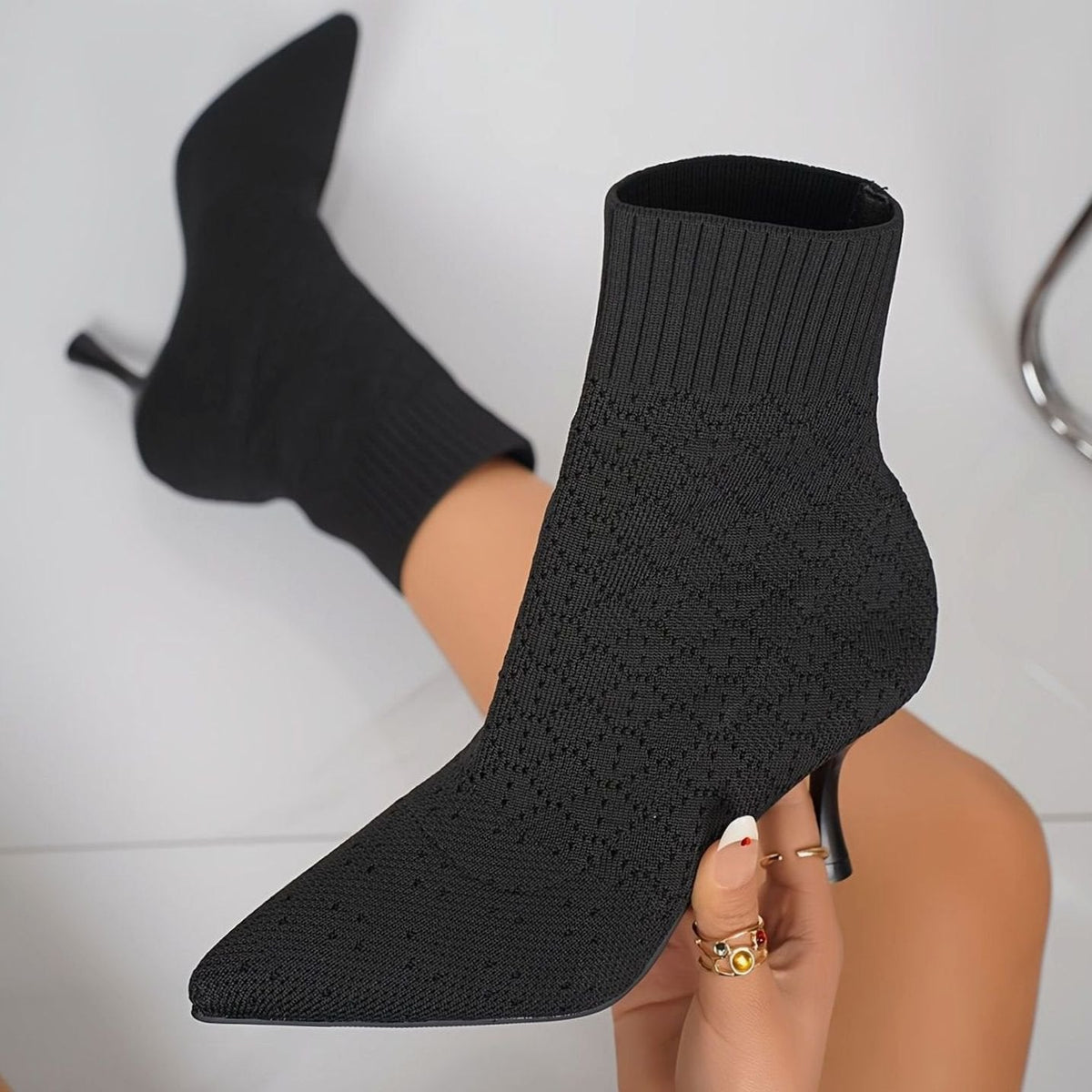 Women's Knit Sock Pointed-Toe Stiletto Ankle Boots