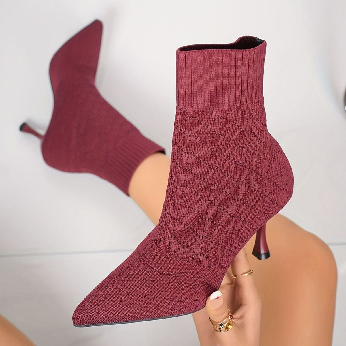 Women's Knit Sock Pointed-Toe Stiletto Ankle Boots