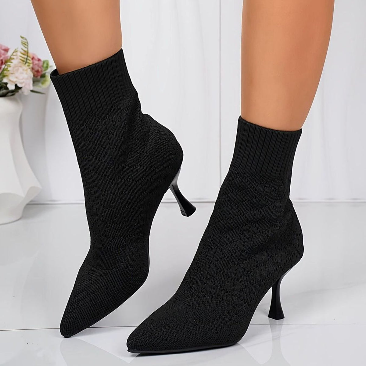 Women's Knit Sock Pointed-Toe Stiletto Ankle Boots