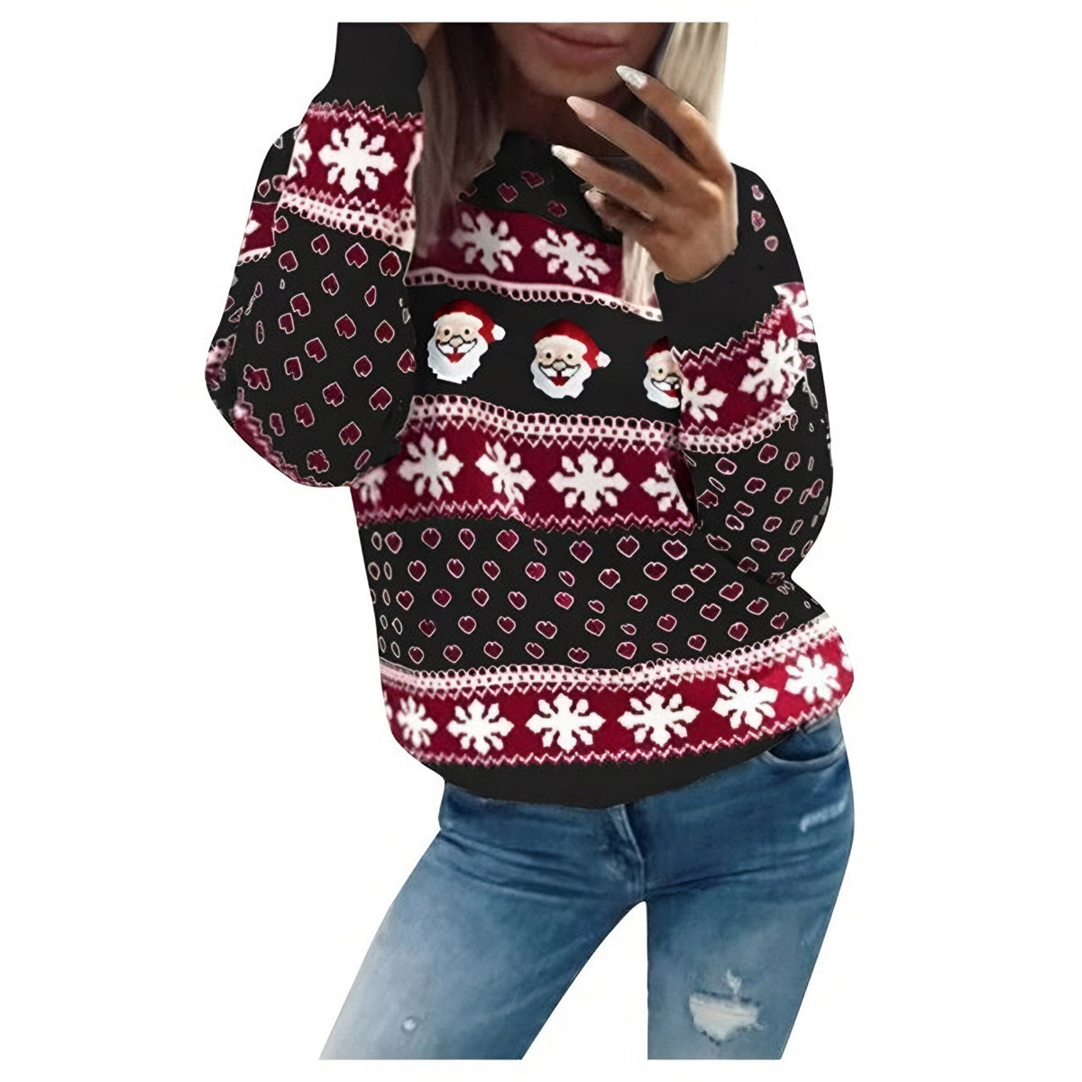 Women's Knitted Christmas Sweater with Santa Print