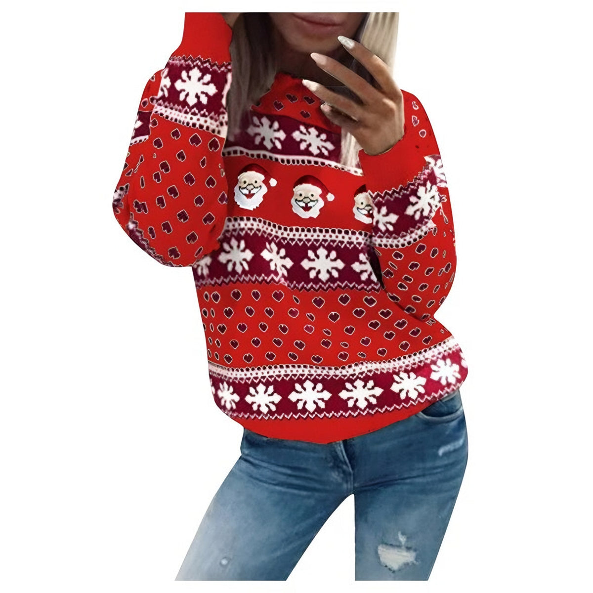 Women's Knitted Christmas Sweater with Santa Print