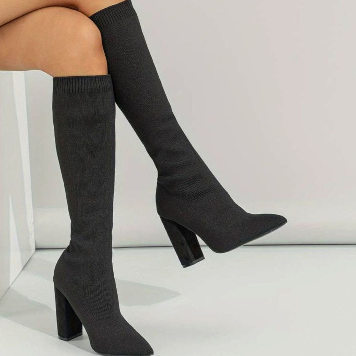 Women's Knitted Knee-High Sock Boots with Pointed Toe and Block Heel