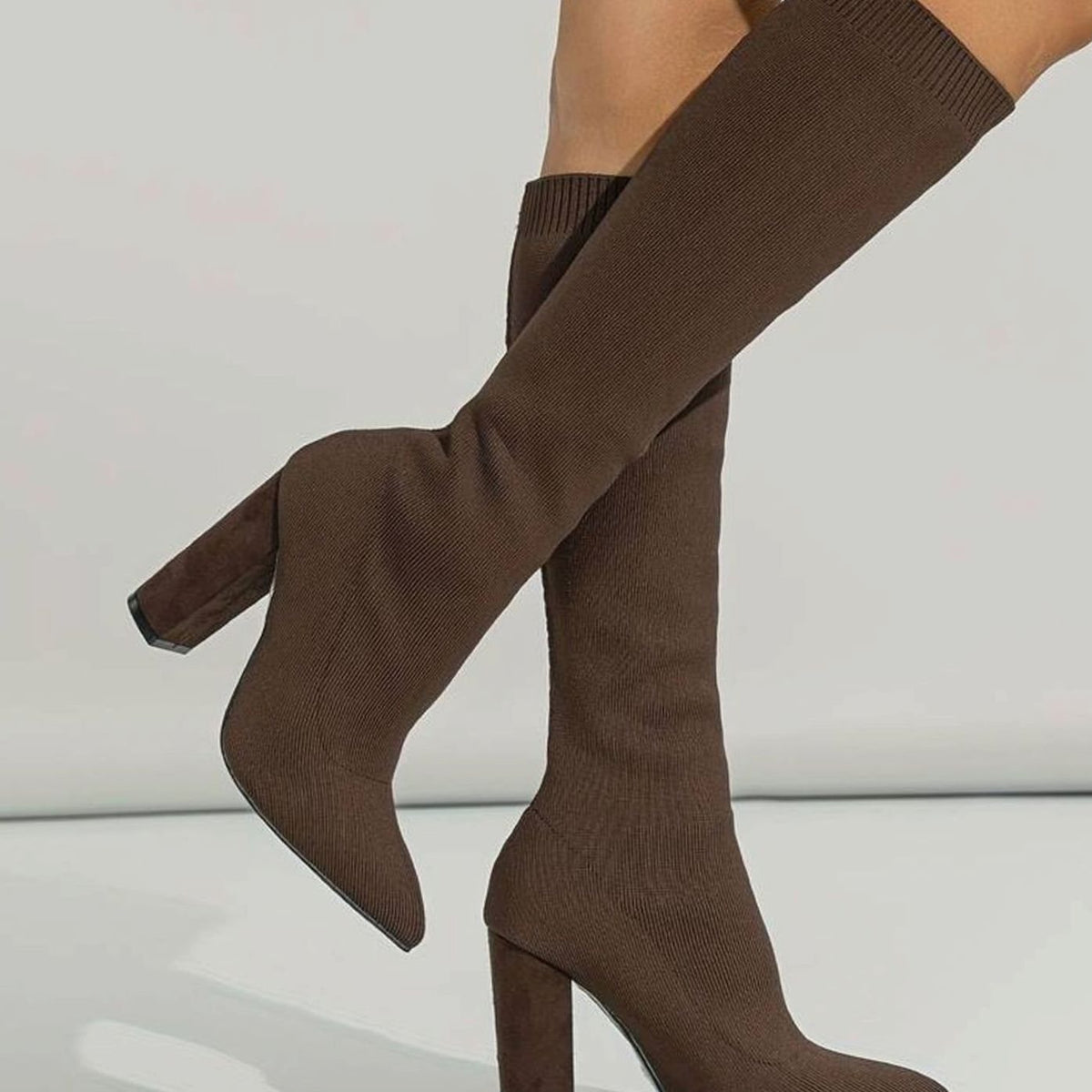 Women's Knitted Knee-High Sock Boots with Pointed Toe and Block Heel