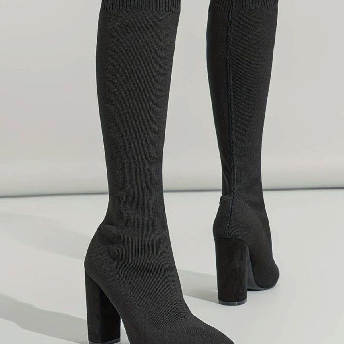 Women's Knitted Knee-High Sock Boots with Pointed Toe and Block Heel