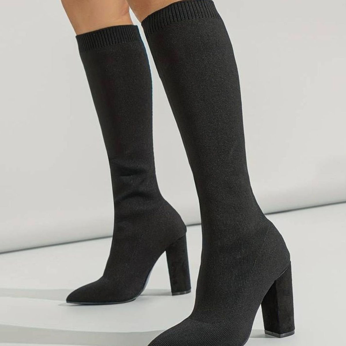 Women's Knitted Knee-High Sock Boots with Pointed Toe and Block Heel