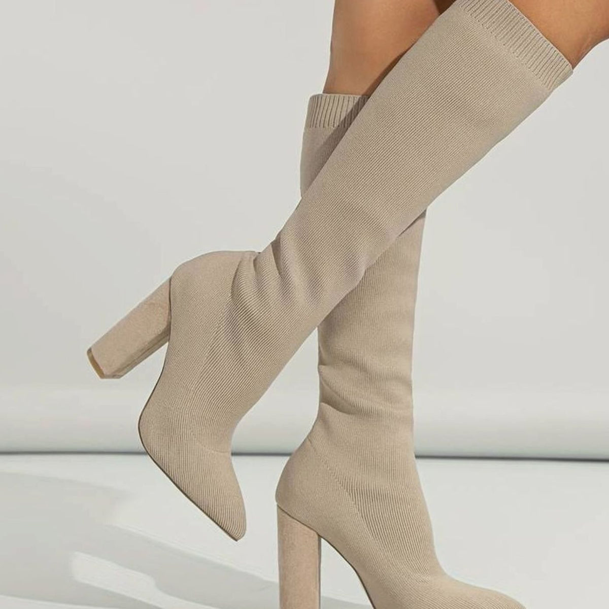Women's Knitted Knee-High Sock Boots with Pointed Toe and Block Heel