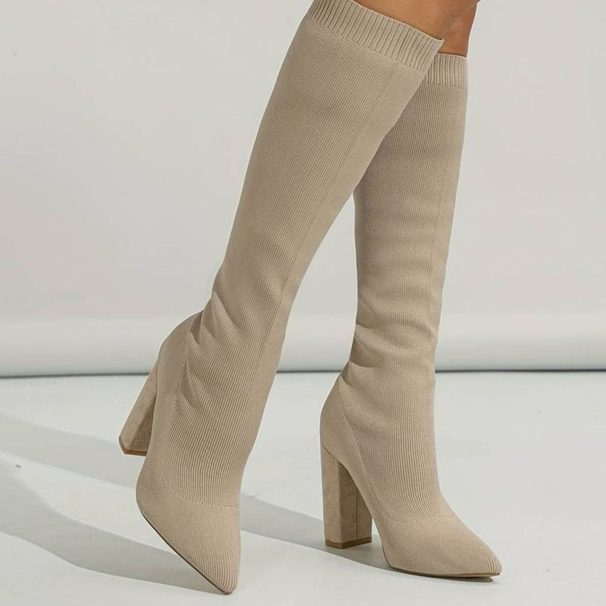 Women's Knitted Knee-High Sock Boots with Pointed Toe and Block Heel