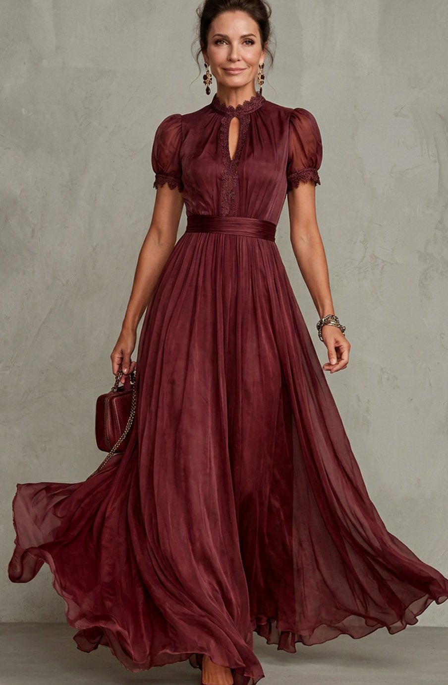 Women's Lace-Trim Puff-Sleeve Pleated Maxi Dress