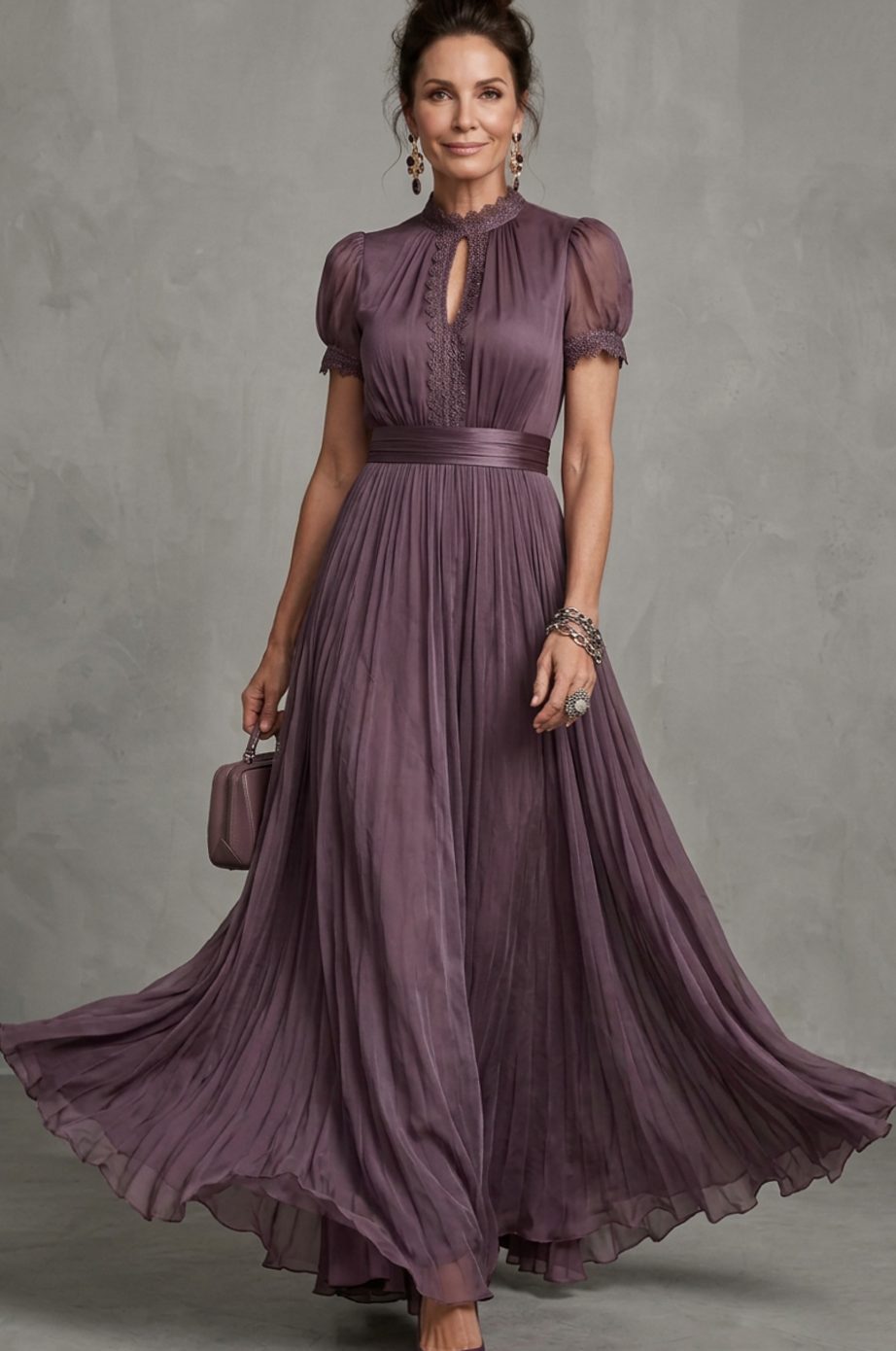 Women's Lace-Trim Puff-Sleeve Pleated Maxi Dress