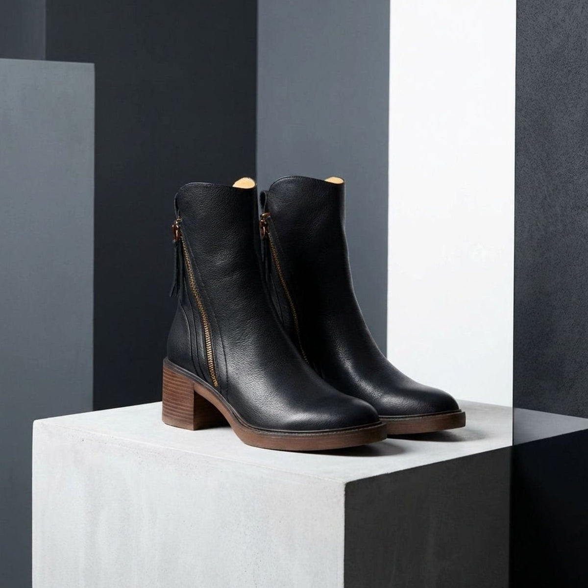 Women's Leather Side-Zip Block-Heel Ankle Boots