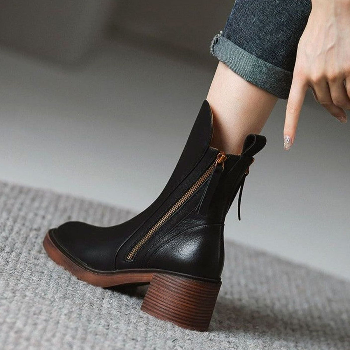 Women's Leather Side-Zip Block-Heel Ankle Boots