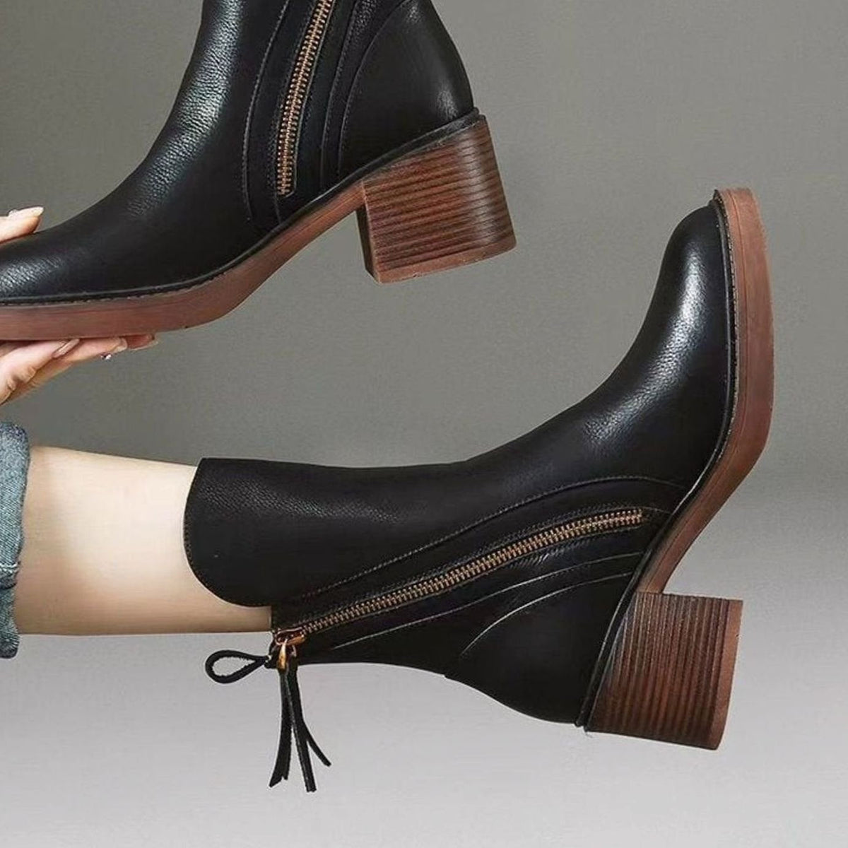 Women's Leather Side-Zip Block-Heel Ankle Boots