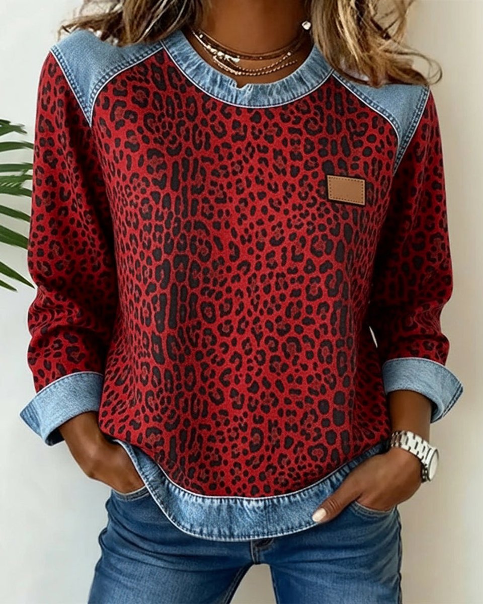 Women's Leopard Print Denim Patchwork Pullover Sweater