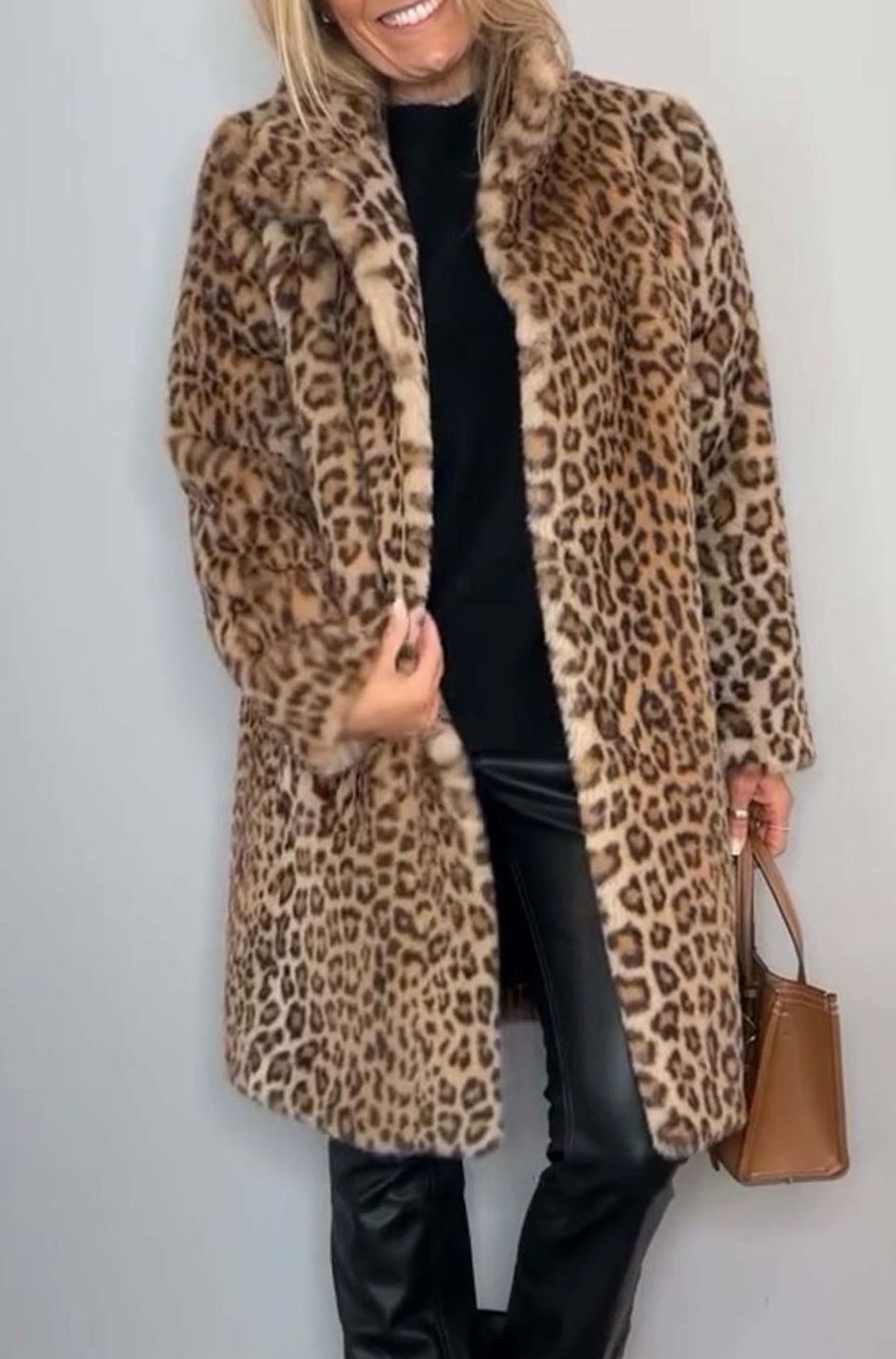 Women's Leopard Print Faux Fur Long Winter Coat