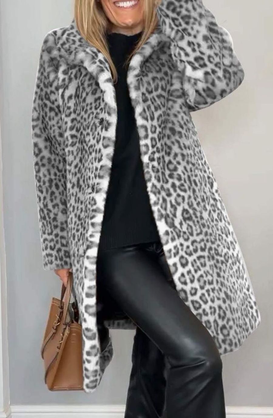 Women's Leopard Print Faux Fur Long Winter Coat