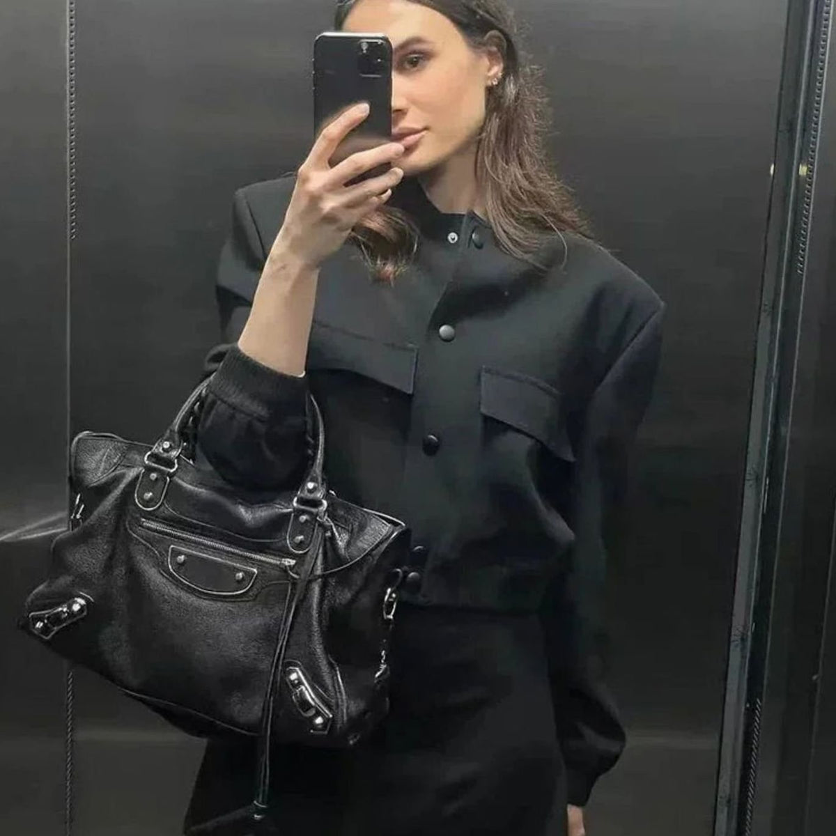 Women's Lightweight Faux Leather Snap-Front Bomber Jacket with Pockets