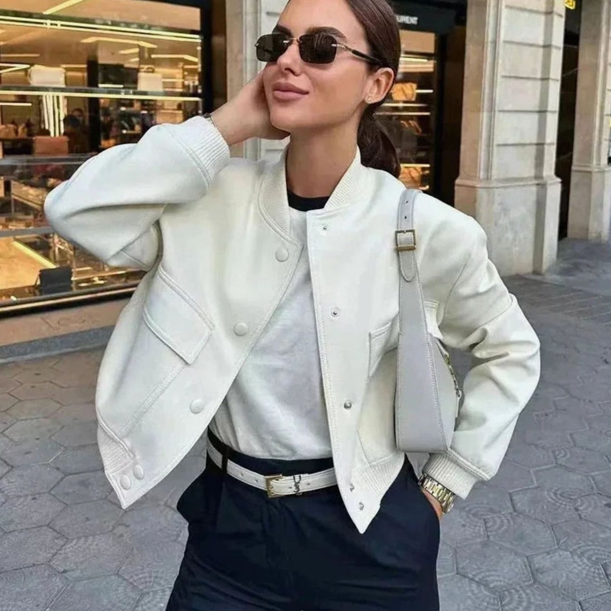 Women's Lightweight Faux Leather Snap-Front Bomber Jacket with Pockets