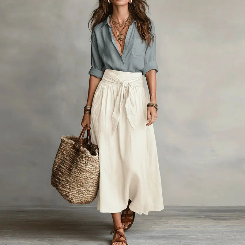 Women's Linen Tie-Waist Maxi Skirt Set