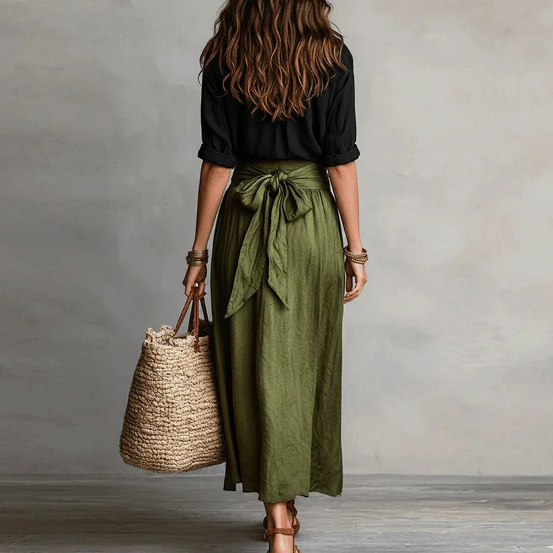 Women's Linen Tie-Waist Maxi Skirt Set