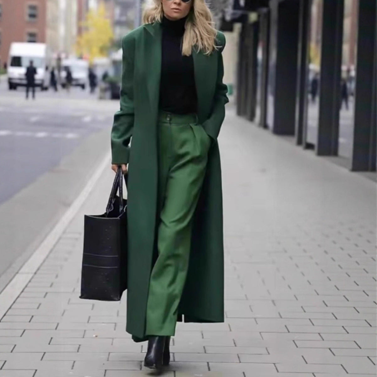 Women's Long Double-Breasted Wool Coat with Deep Pockets