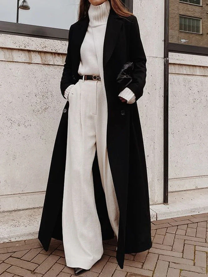 Women's Long Double-Breasted Wool Coat with Deep Pockets