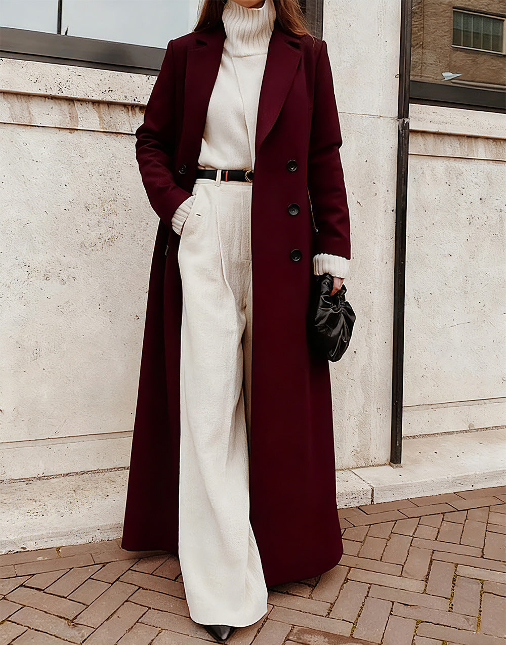 Women's Long Double-Breasted Wool Coat with Deep Pockets