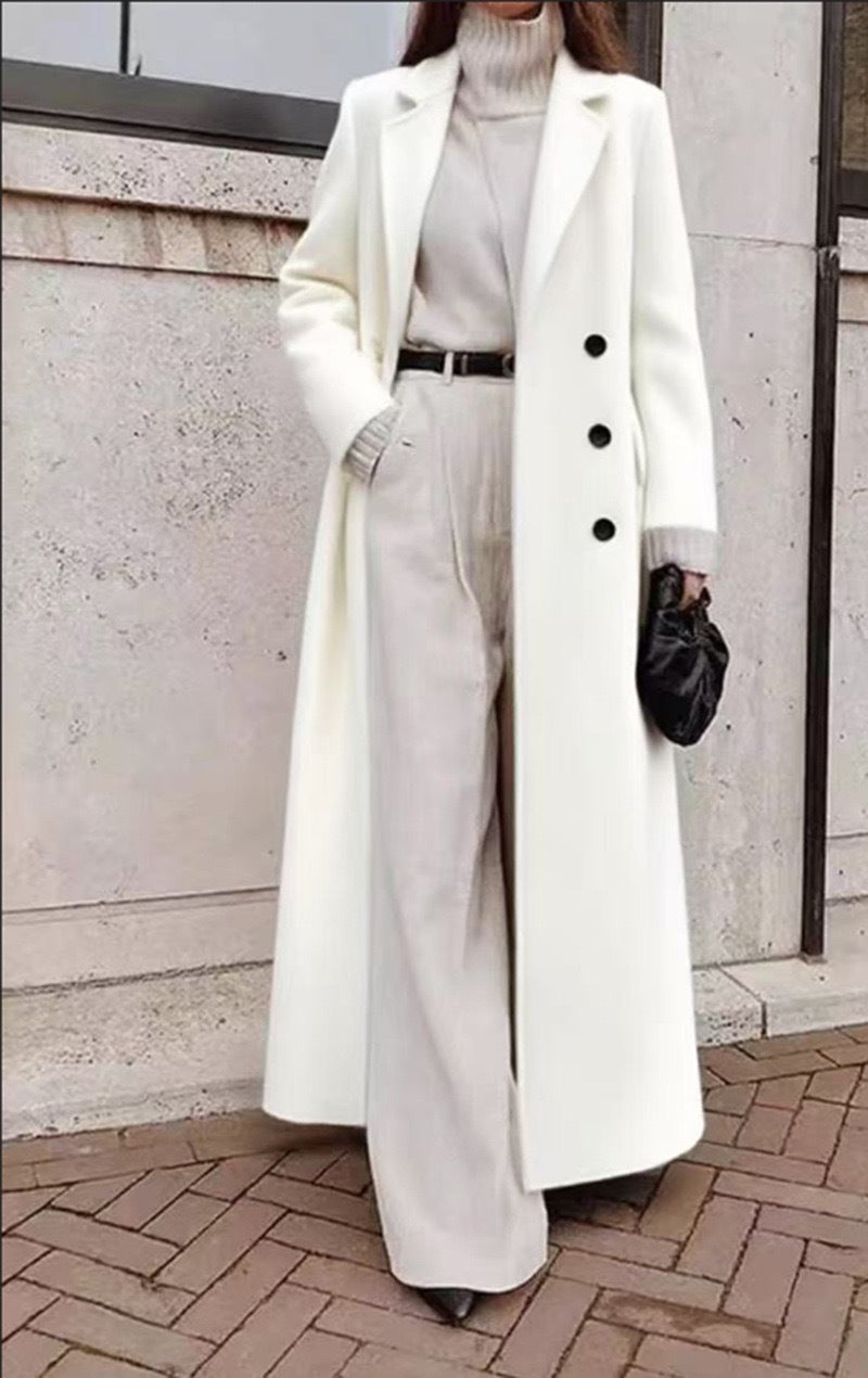 Women's Long Double-Breasted Wool Coat with Deep Pockets