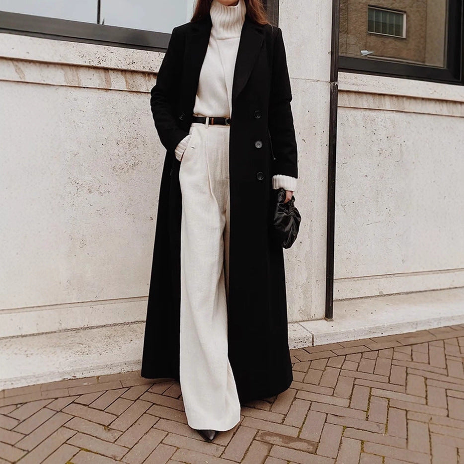 Women's Long Double-Breasted Wool Coat with Deep Pockets