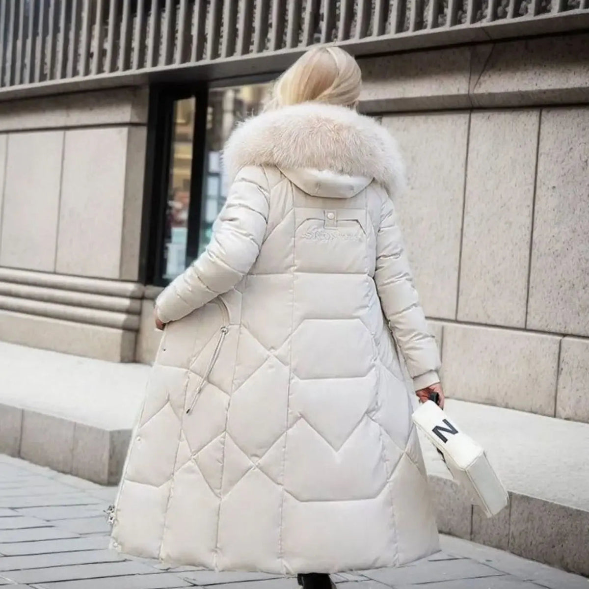 Women's Long Hooded Faux Fur Trim Quilted Coat