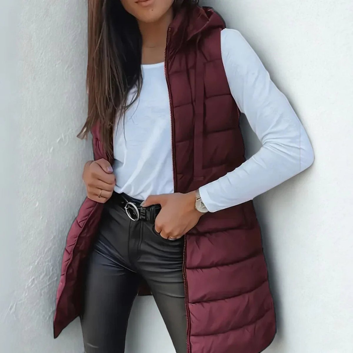 Women's Long Hooded Sleeveless Puffer Vest Lightweight Layering Jacket