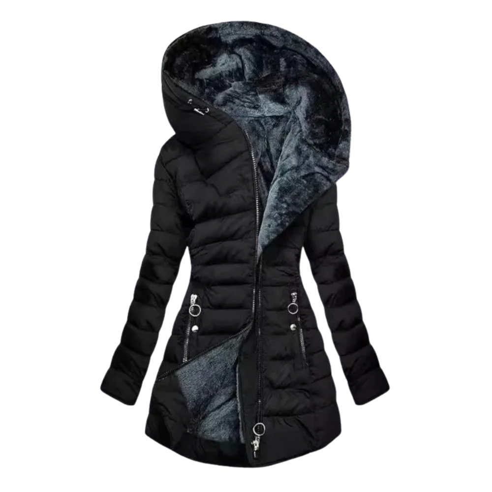 Women's Long Puffer Coat with Plush Lining and Hood