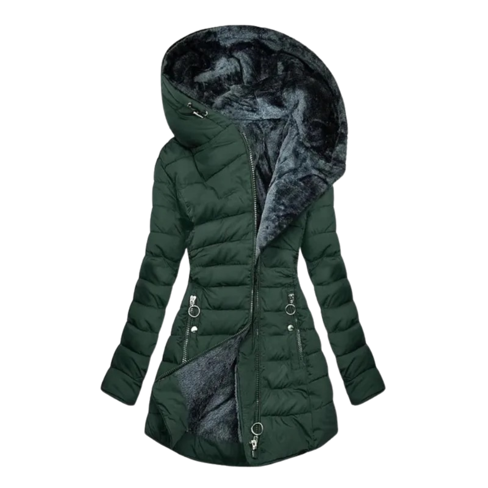 Women's Long Puffer Coat with Plush Lining and Hood