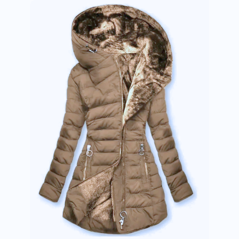 Women's Long Puffer Coat with Plush Lining and Hood