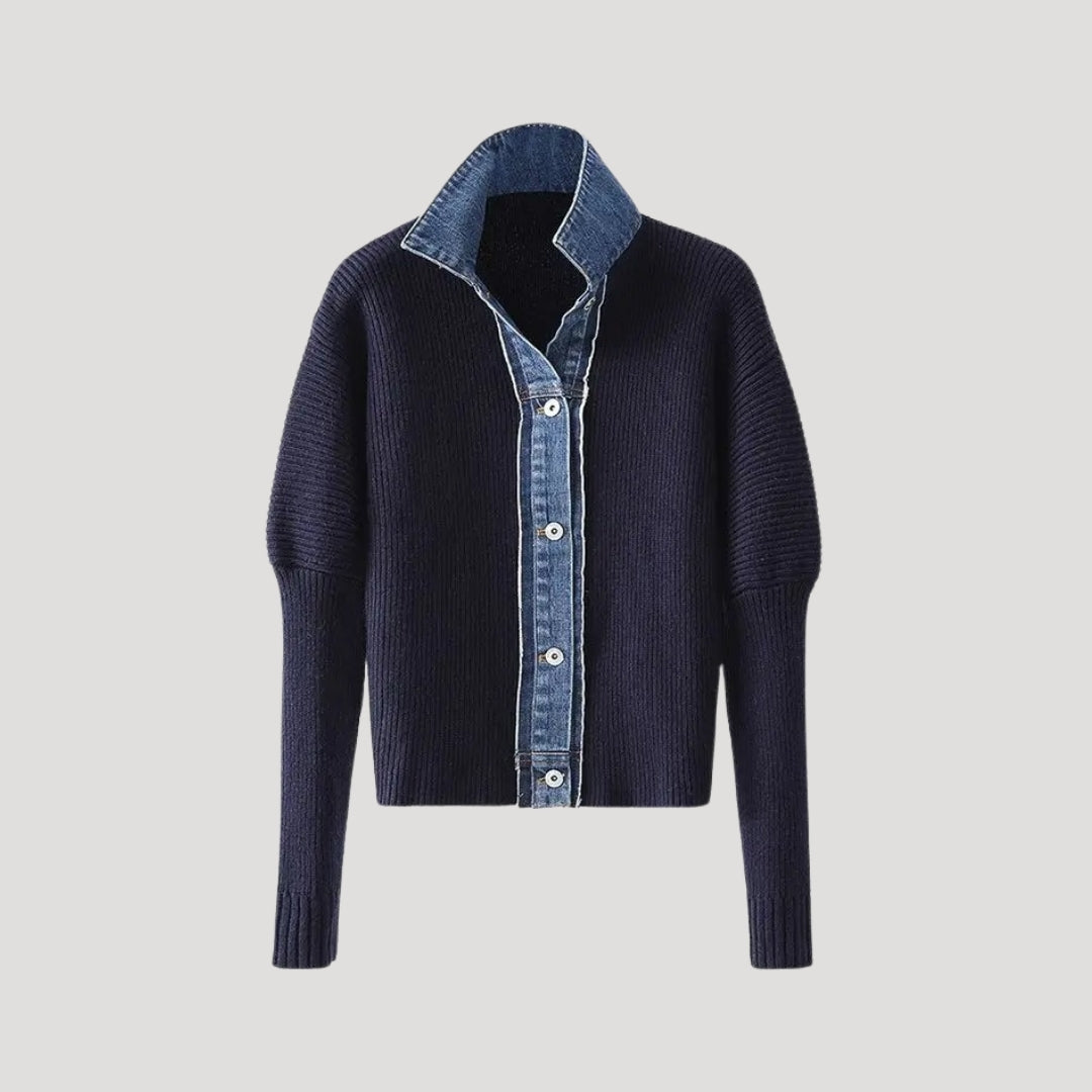 Women's Long-Sleeve Cardigan with Denim Trim and Button Placket