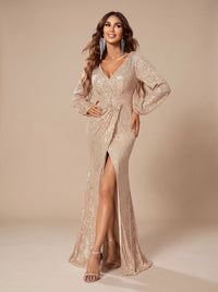Women's Long Sleeve V-Neck Sequin Maxi Party Dress Gown