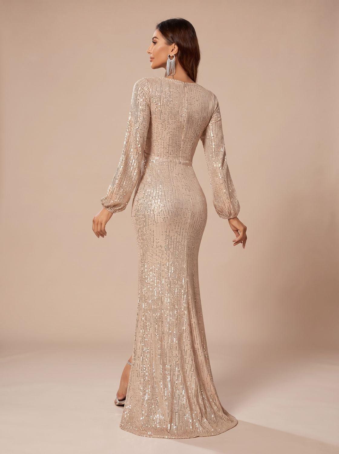Women's Long Sleeve V-Neck Sequin Maxi Party Dress Gown