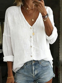 Women's Loose Solid-Color Cotton Linen Long-Sleeve Shirt