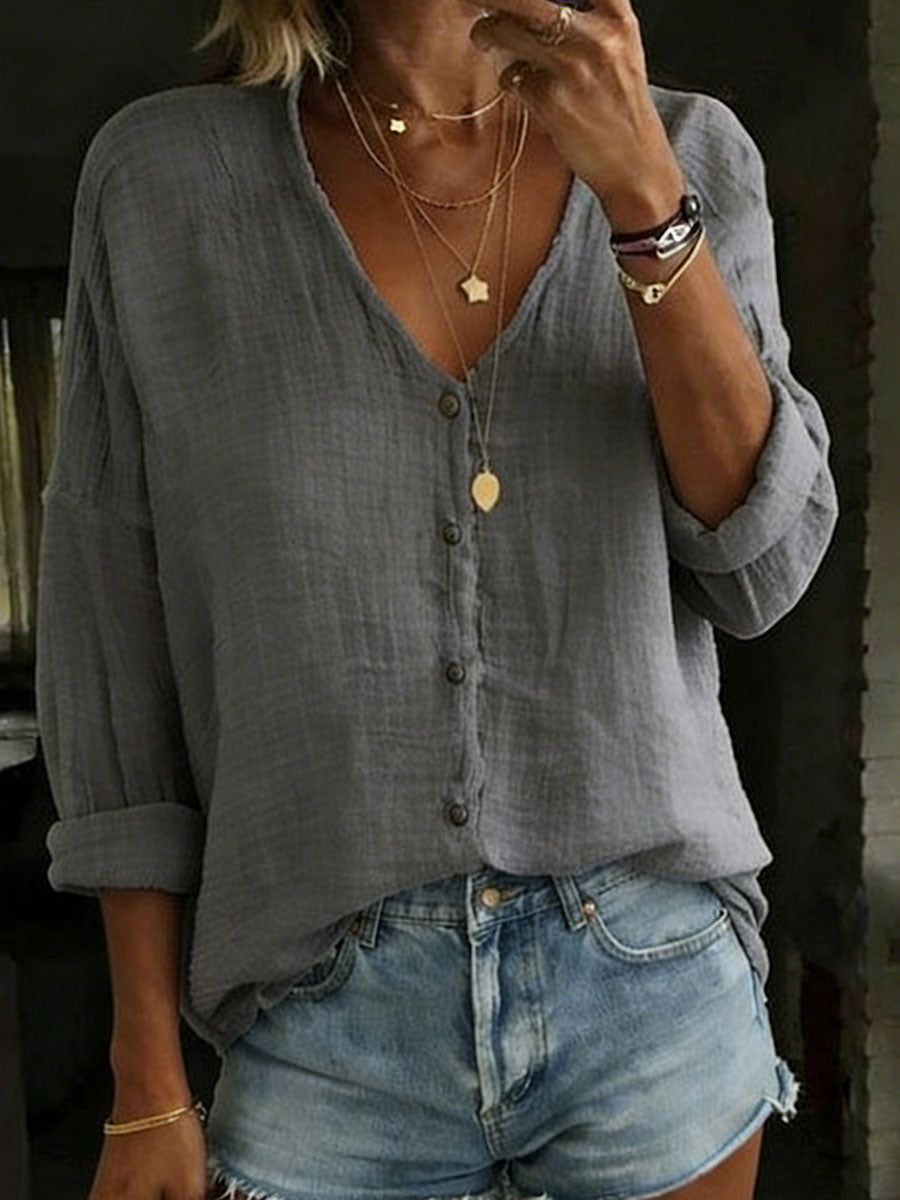 Women's Loose Solid-Color Cotton Linen Long-Sleeve Shirt