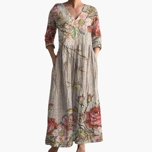 Women's Maxi Dress with V-Neckline and Floral Pattern