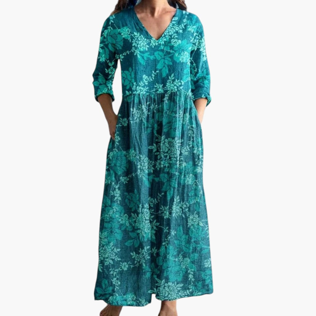 Women's Maxi Dress with V-Neckline and Floral Pattern