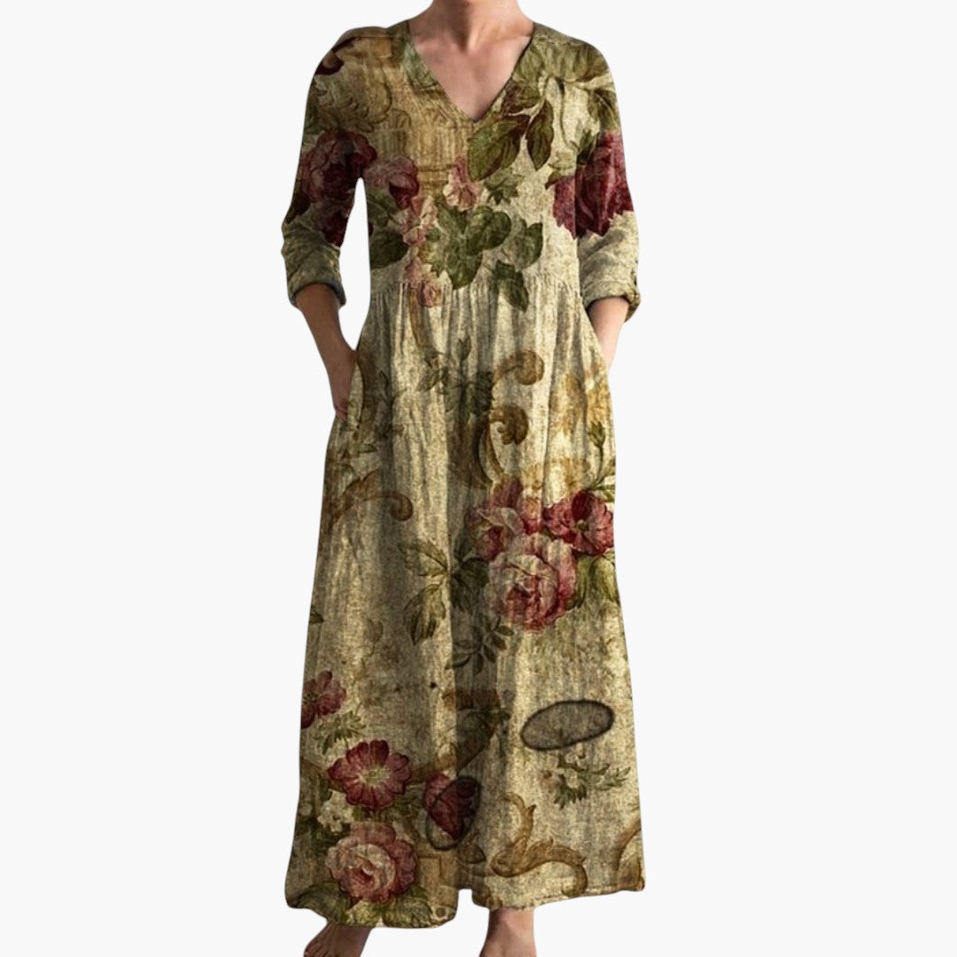 Women's Maxi Dress with V-Neckline and Floral Pattern