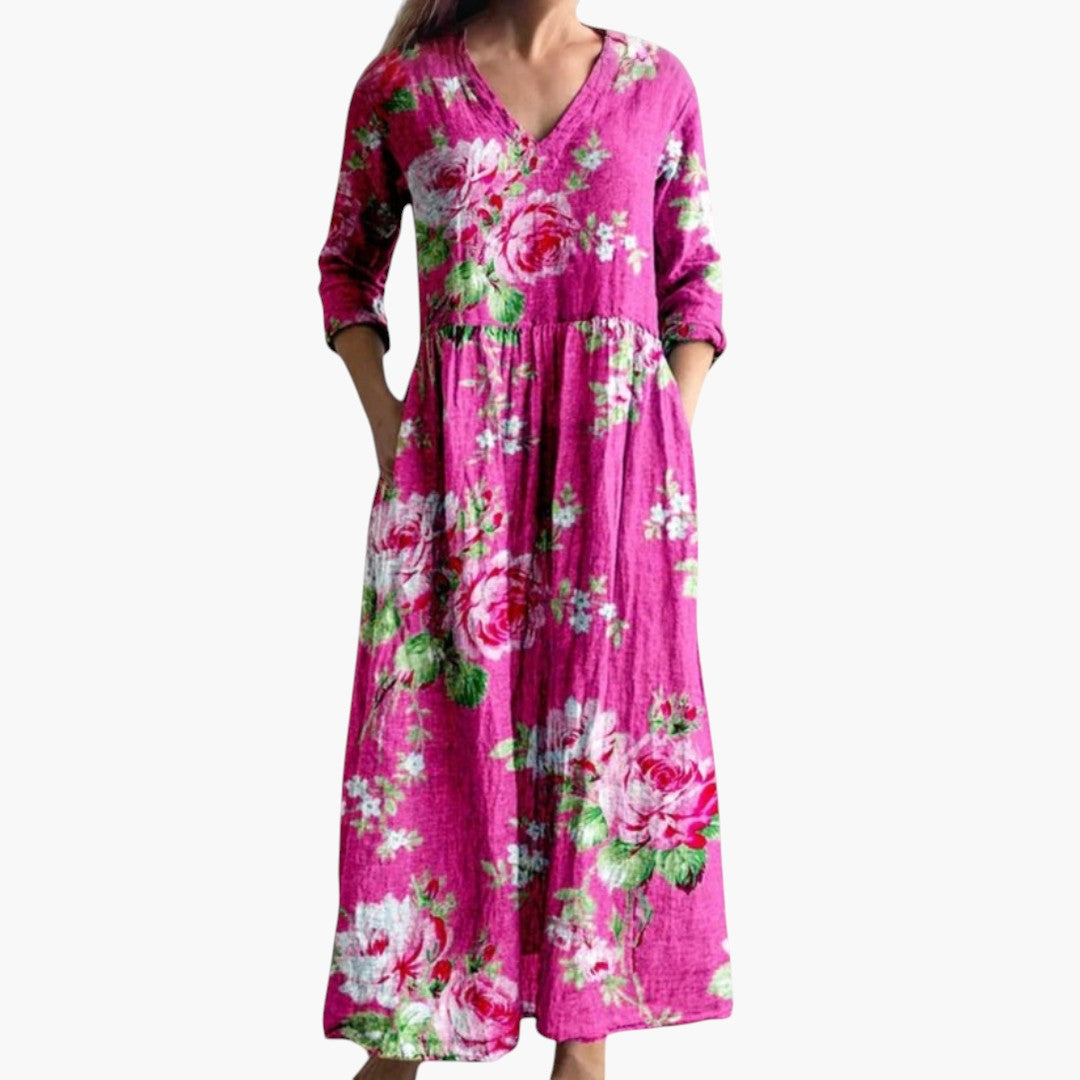 Women's Maxi Dress with V-Neckline and Floral Pattern