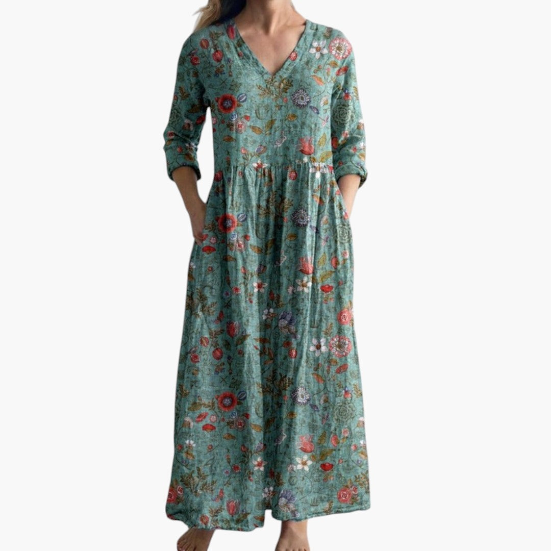 Women's Maxi Dress with V-Neckline and Floral Pattern
