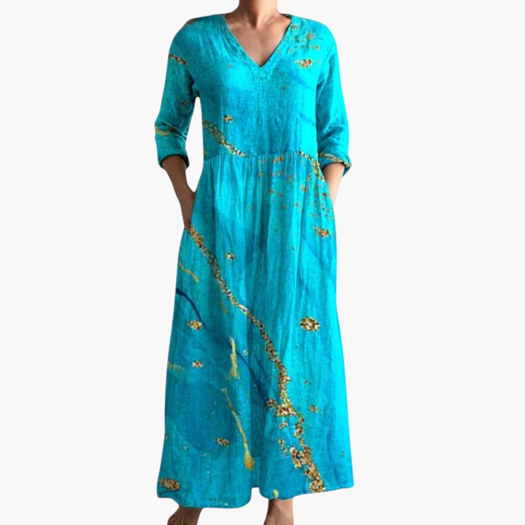 Women's Maxi Dress with V-Neckline and Floral Pattern