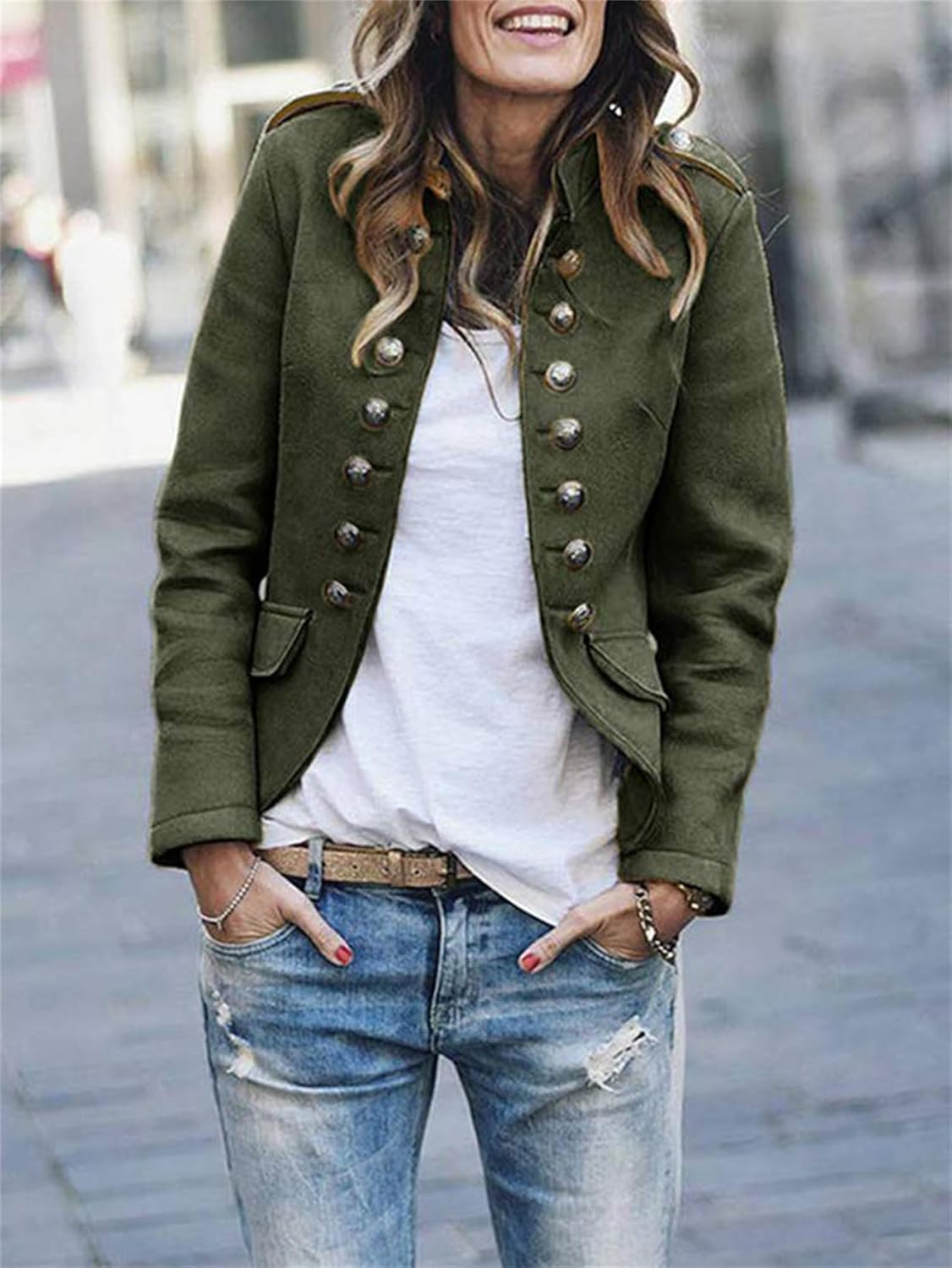 Women's Military-Style Hip-Length Jacket with Epaulettes