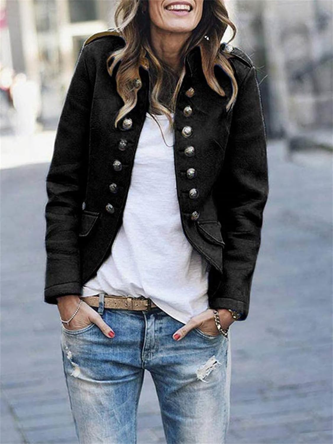 Women's Military-Style Hip-Length Jacket with Epaulettes
