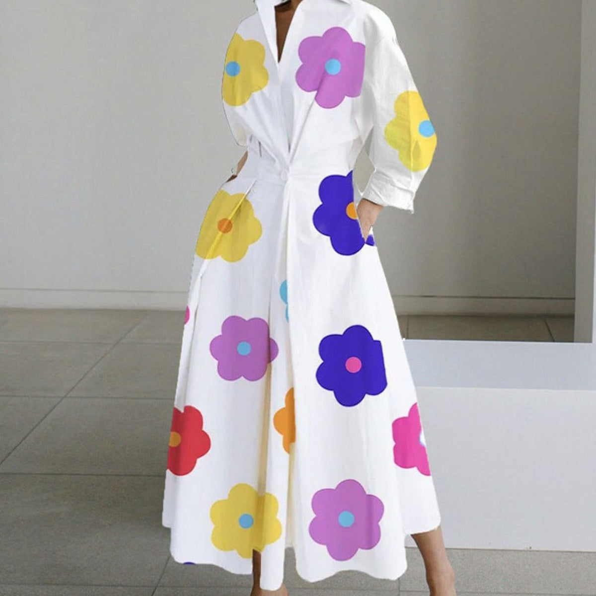Women's Newspaper Print Collared Wrap-Front Maxi Shirt Dress