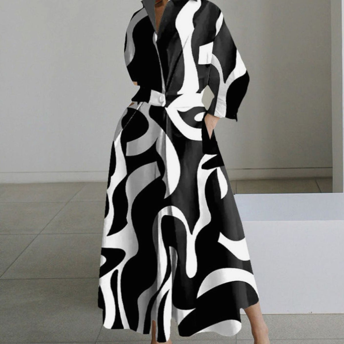 Women's Newspaper Print Collared Wrap-Front Maxi Shirt Dress