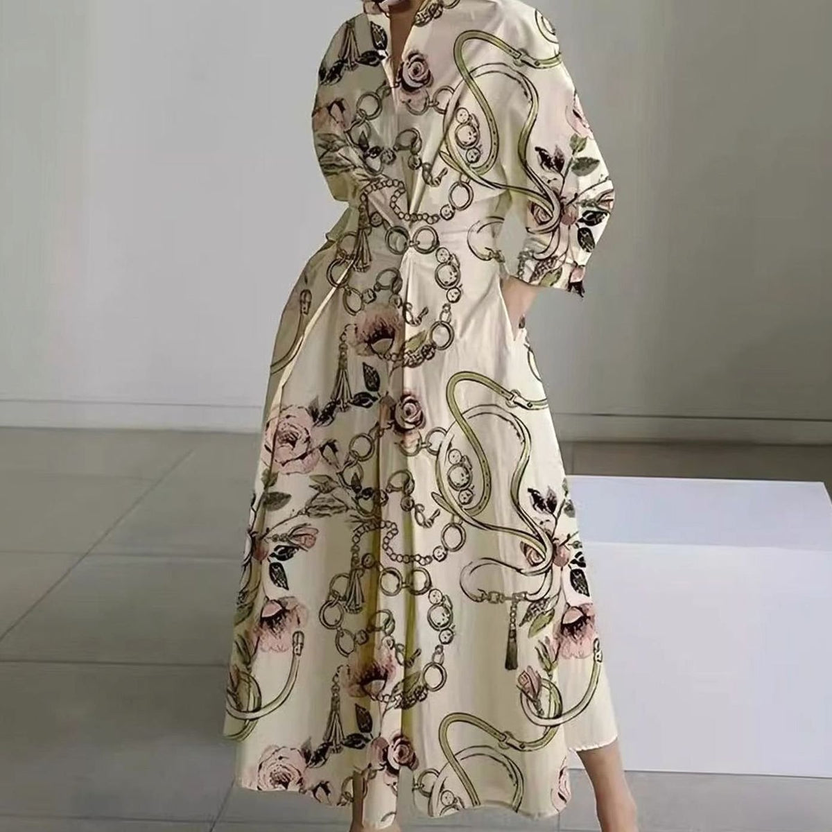 Women's Newspaper Print Collared Wrap-Front Maxi Shirt Dress